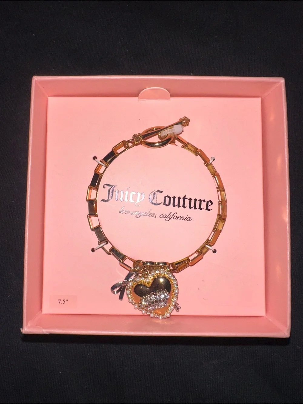 Juicy Couture Gold Heart Charm Bracelet with Crystal Accents